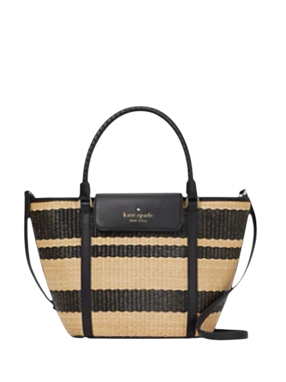 kate spade Black and Natural Striped Woven Tote with Top Handles